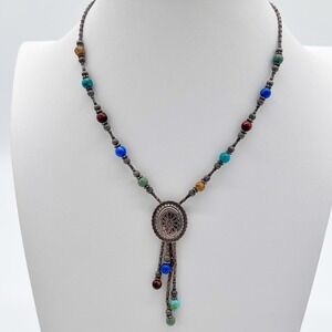 QT‎ Sterling 925 Southwestern Multi-Stone Concho Necklace – 18" Lariat Pendant